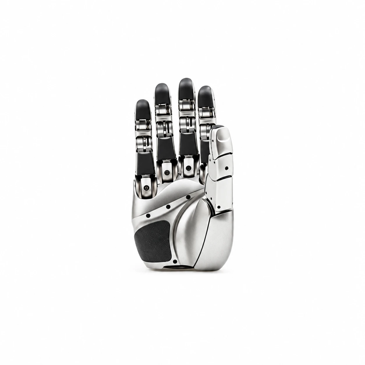 Unitree H1-2 Dexterous Hand Palm-Side View Unitree H1-2 dexterous hand palm-side view showing the silver linkage joints, black fingertip pads and textured palm grip on a white background