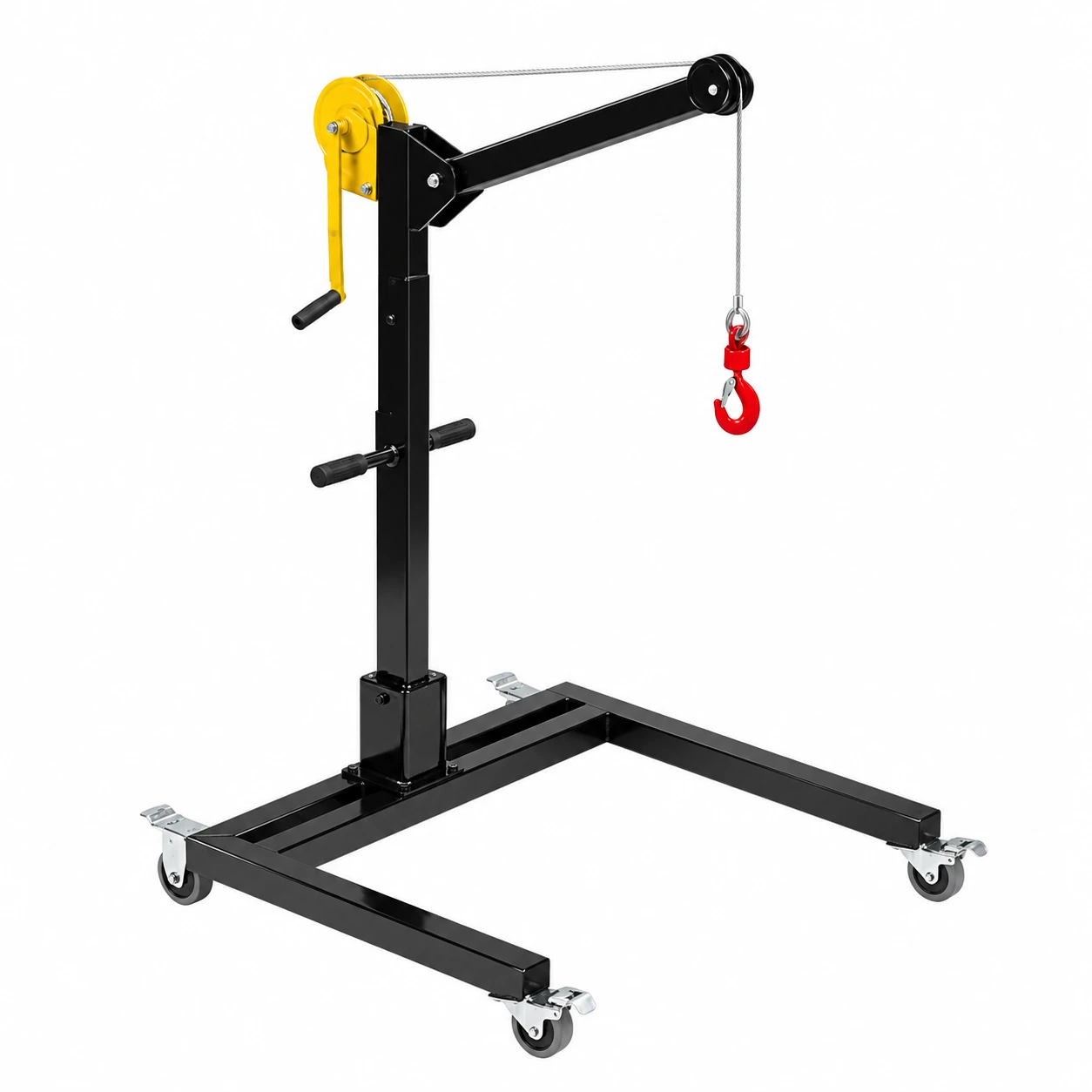 Unitree H1 Protection Bracket - Single-Mast Debugging Crane on Casters (White Background) Unitree H1 protection bracket: single-mast debugging crane on a U-shaped base with four locking casters, overhead boom with pulley, yellow hand-crank winch and red swivel hook, shown on a white background