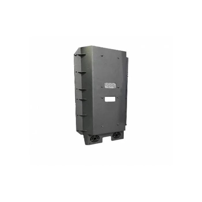 Unitree H1 Dedicated Computing Module — Protective Enclosure Front View Unitree H1 dedicated computing module, front view of the external Jetson Orin NX enclosure in its protective bracket — connector cutout, mounting fins and twin cooling fans on a white background