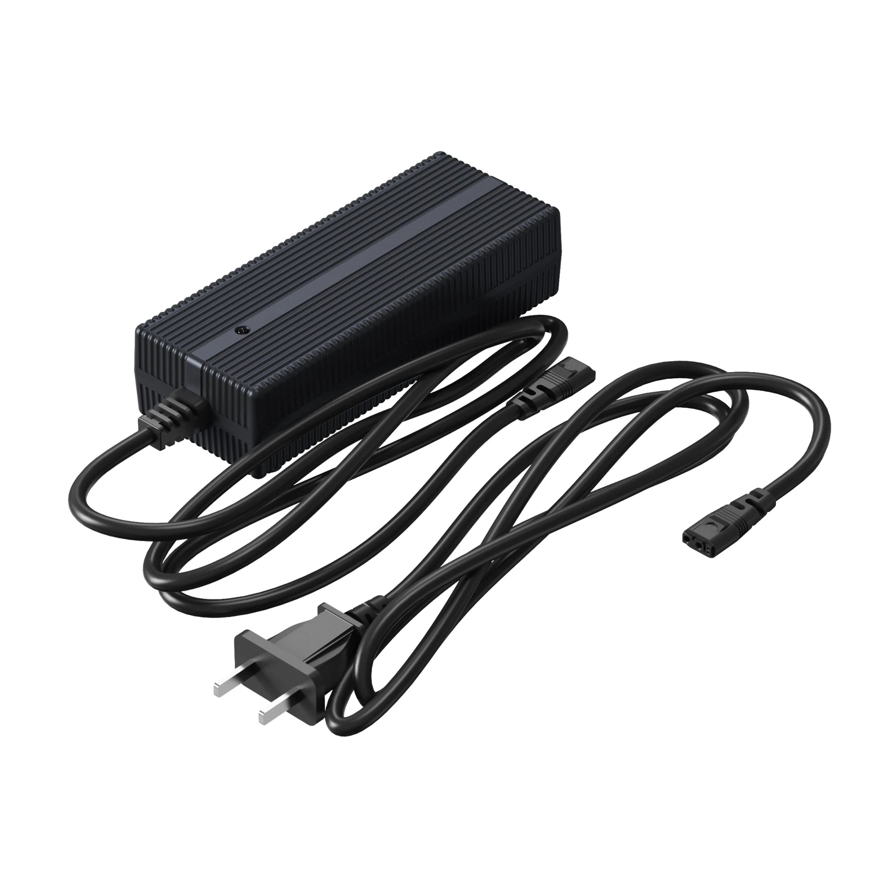 Unitree H2 Battery Charger with Cables Unitree H2 battery charger three-quarter view with coiled AC cable and DC output cable, showing the black finned casing on a white background