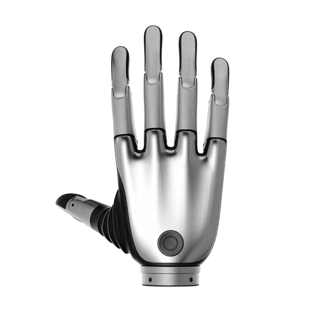 BrainCo Revo 2 Hand Back View (Silver) BrainCo Revo 2 hand back view, silver version showing the five extended fingers, silver dorsal shell with status button and wrist mount on a white background