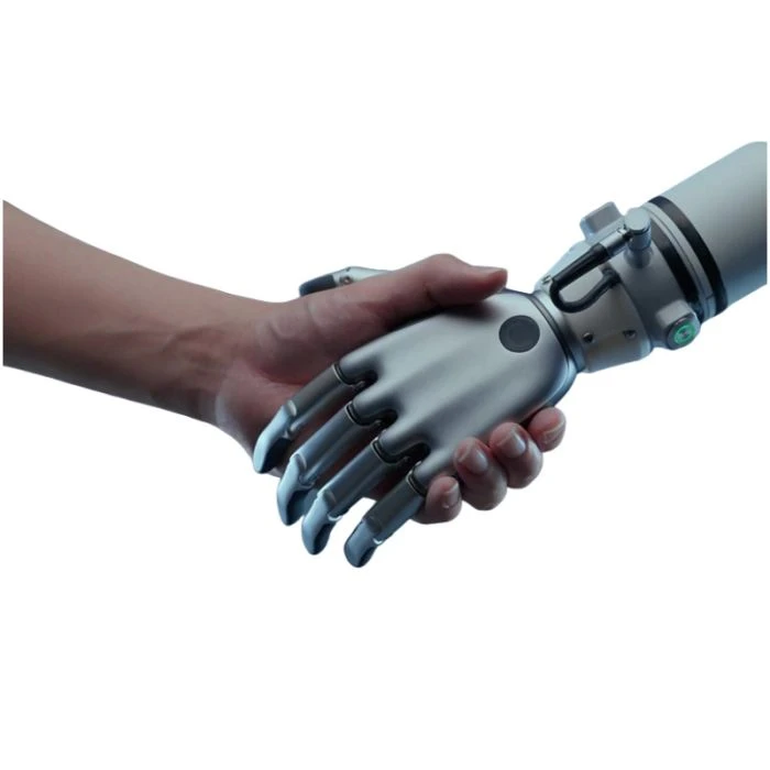 BrainCo Revo 2 Hand Human-Robot Handshake BrainCo Revo 2 hand mounted on a robot arm shaking hands with a human hand