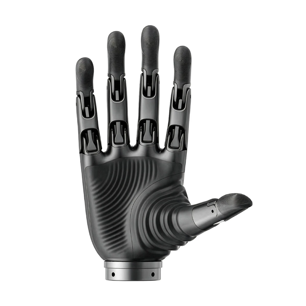 BrainCo Revo 2 Hand Palm View (Space Gray) BrainCo Revo 2 hand palm view, Space Gray version showing the textured fingertip and palm grip pads and five extended fingers on a white background