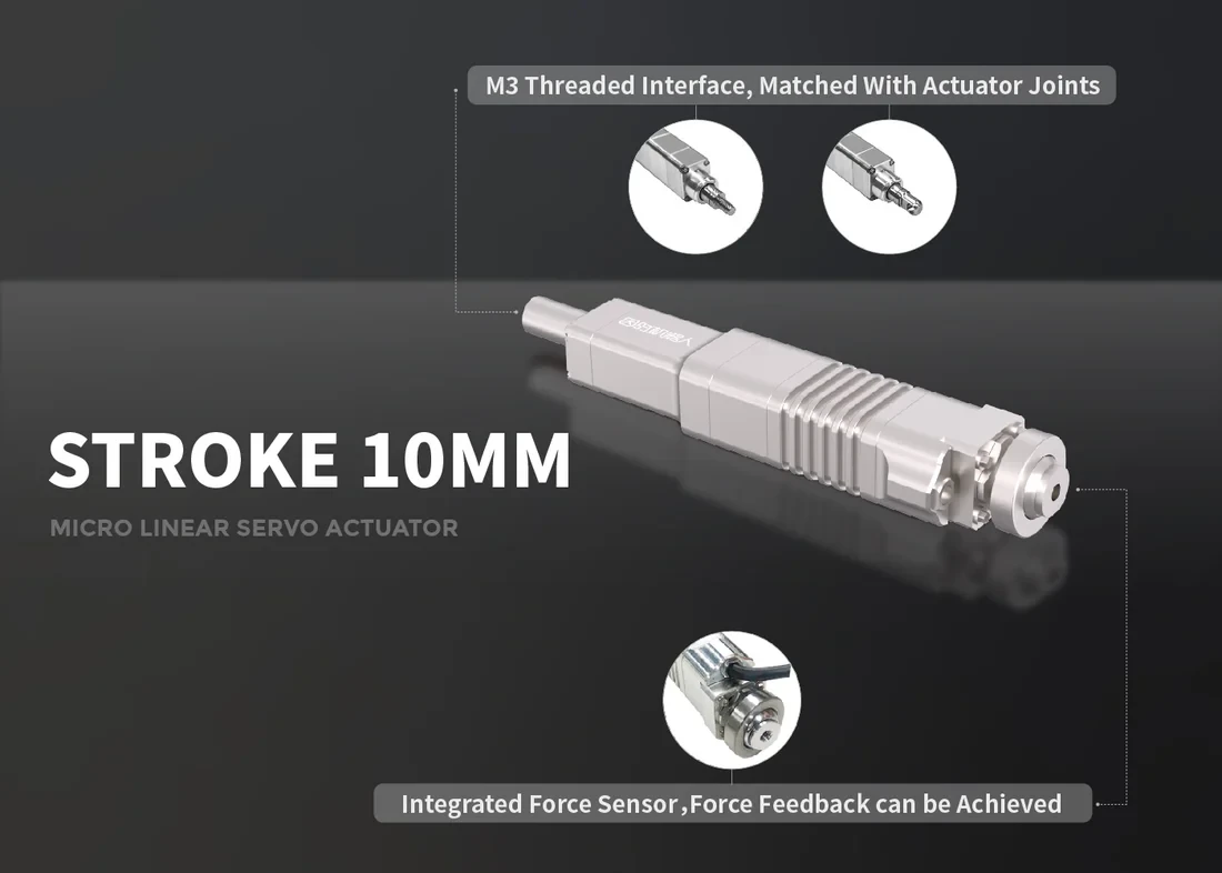 Inspire LAF10 linear servo actuator feature callouts: 10 mm stroke, M3 threaded rod-end interface options and integrated force sensor for force feedback