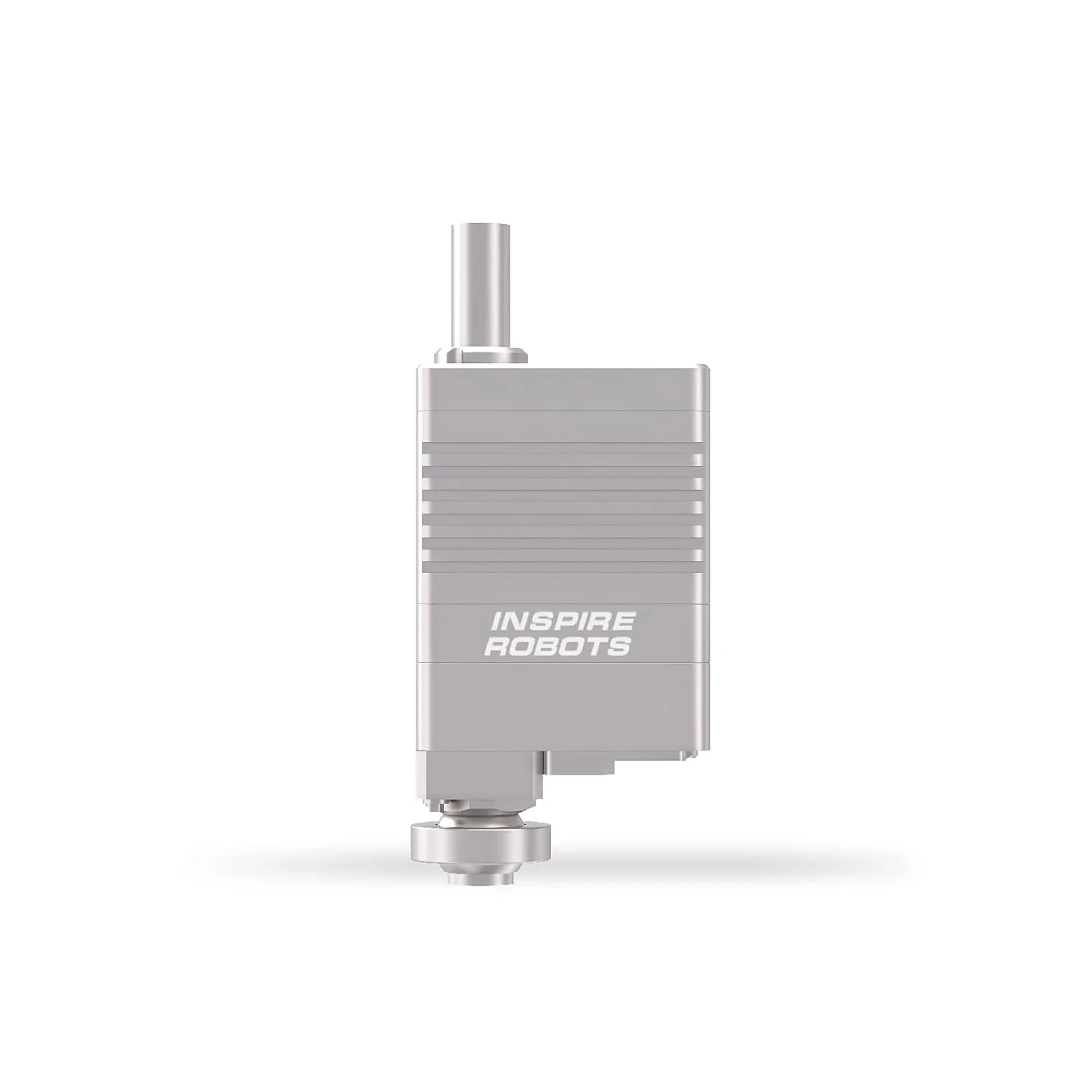 Inspire LASF10 Linear Servo Actuator Front View Inspire LASF10 linear servo actuator front view, silver body with the push rod extended upward, spherical plain bearing mount at the base and Inspire Robots logo, on a white background