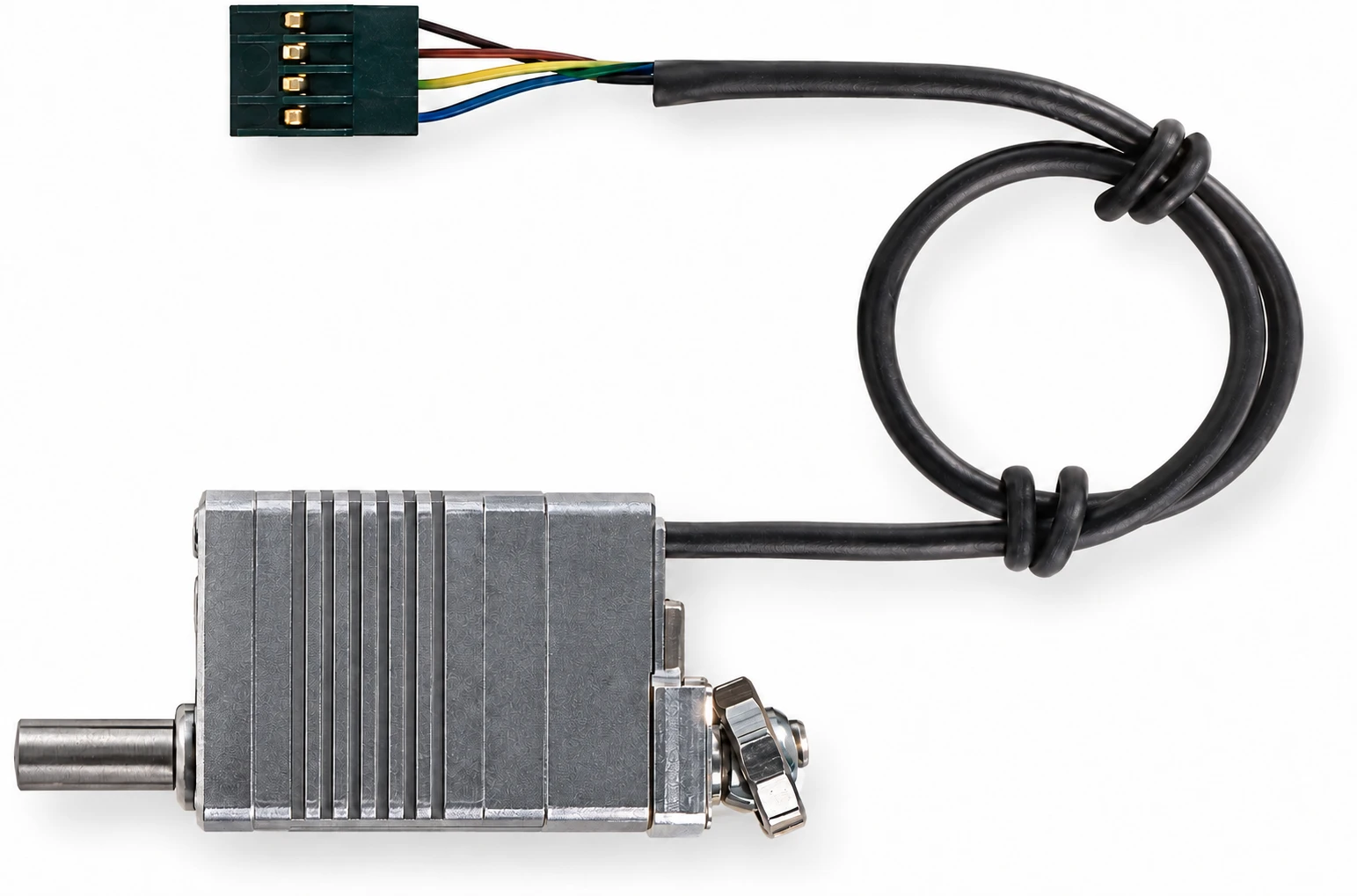 Inspire LASF10 Linear Servo Actuator Side View with Cable Inspire LASF10 linear servo actuator side view lying horizontally, ribbed silver body with the push rod on the left and the attached cable with 4-pin connector coiled above, on a white background