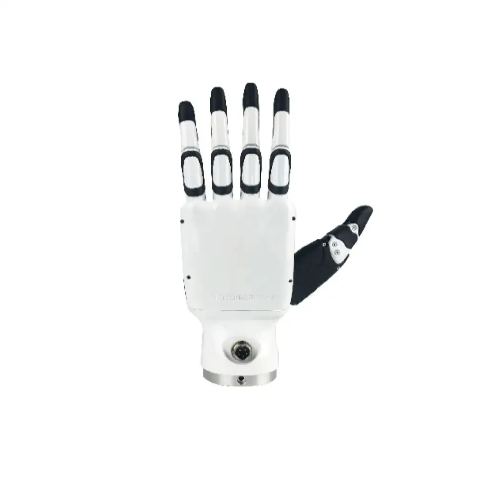 Inspire RH56DFQ dexterous hand front view, white version showing the five fingers with black fingertip pads, white palm back and wrist connector on a white background
