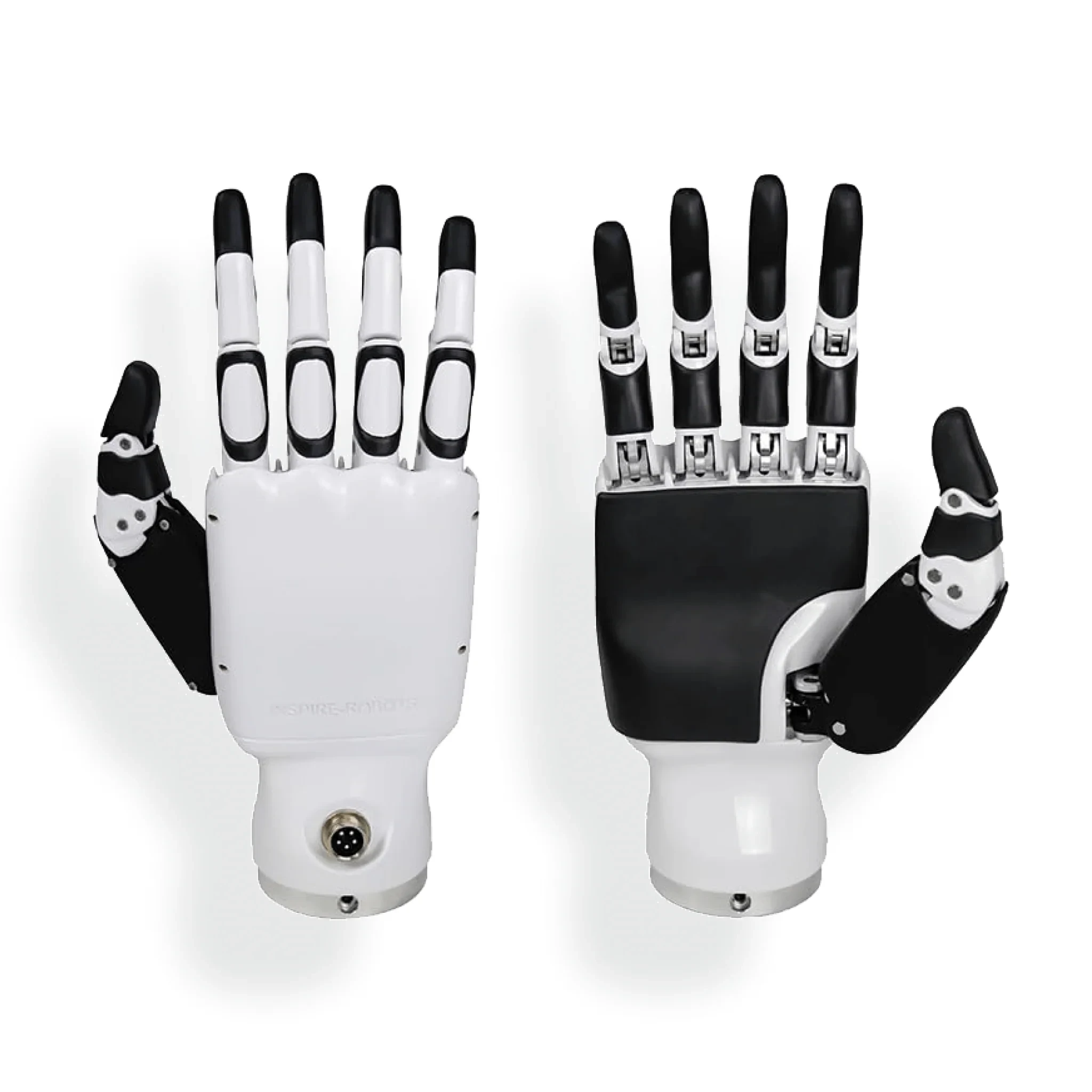 Inspire RH56DFQ Dexterous Hand White and Black Versions Inspire RH56DFQ dexterous hand white and black versions side by side, front view of both five-finger hands