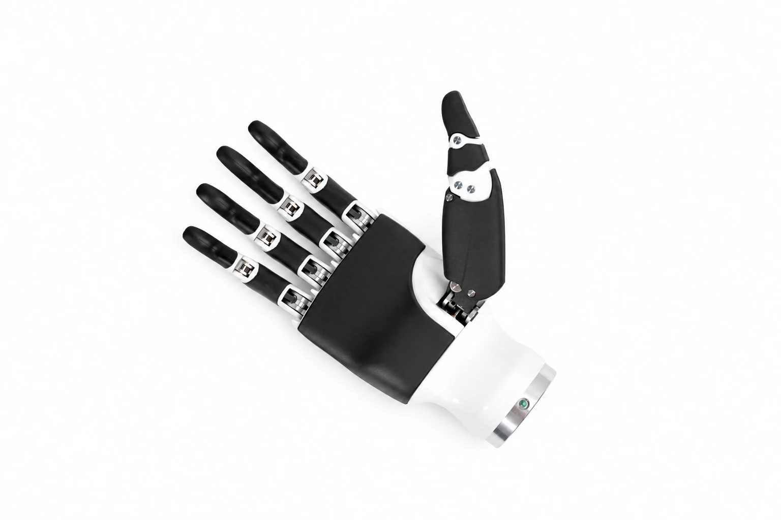 Inspire RH56DFQ Dexterous Hand Three-Quarter View (Black) Inspire RH56DFQ dexterous hand three-quarter view, black version showing the five fingers, exposed knuckle linkages and white wrist base on a white background