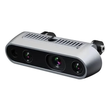 Intel RealSense D435i Depth Camera Front Three-Quarter View intel realsense d435i depth camera front three-quarter view on white background showing the stereo imager pair, RGB lens and IR projector on the aluminium body