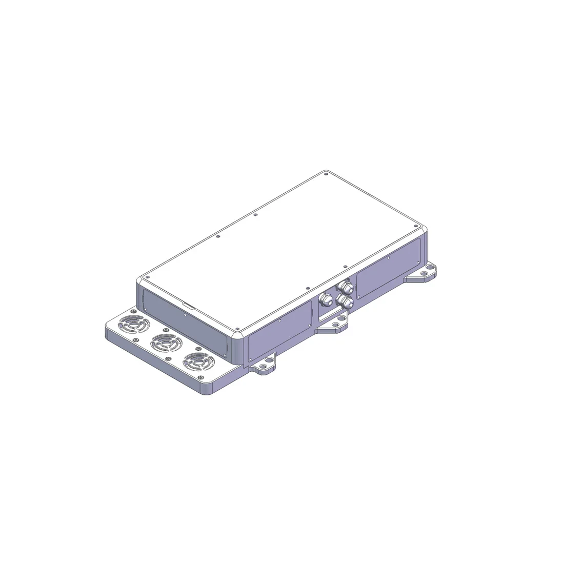 Unitree AGX module for B2/B2-W, three-quarter view of the sealed external compute enclosure with mounting flanges, connector panel and fan base plate on a white background