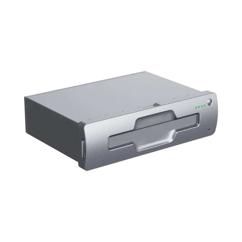 Unitree B2 battery three-quarter view render showing the silver BT2-10/BT2-11/BT2-12 pack with handle recess and LED charge indicators