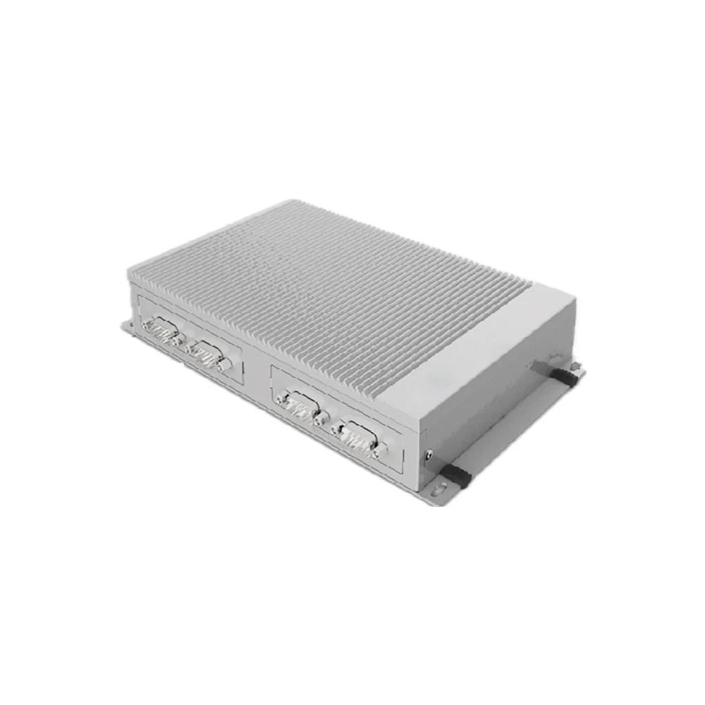 Unitree Intel Core i7 Computing Board for B2/B2-W Unitree Intel Core i7 computing board for B2/B2-W, three-quarter view of the finned fanless enclosure with D-sub connector panel and mounting flanges on a white background