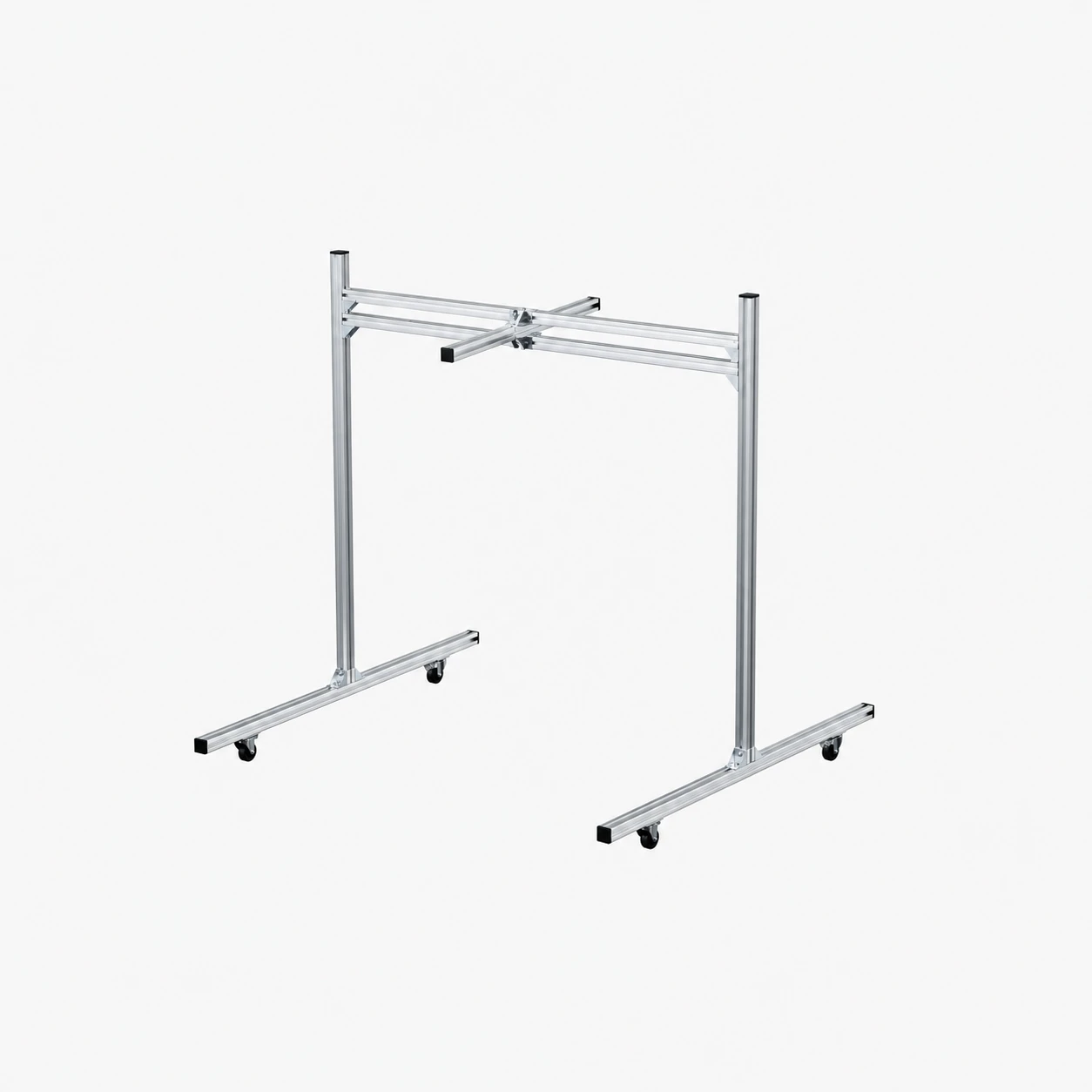 Unitree B2 Protective Bracket - Freestanding Double-Column Gantry on Casters (White Background) Unitree B2 protective bracket: freestanding double-column gantry with wheeled feet, double top rails and a clamped cross rail, shown on a white background