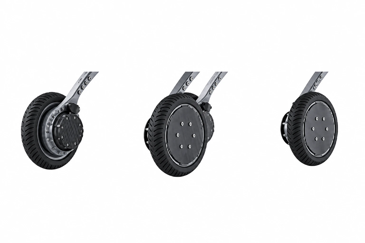 Unitree B2-W Wheel Package Wheel Modules Unitree B2-W wheel package wheel modules in a row on a white background, each with a black treaded tire, hub motor cover and silver calf bar
