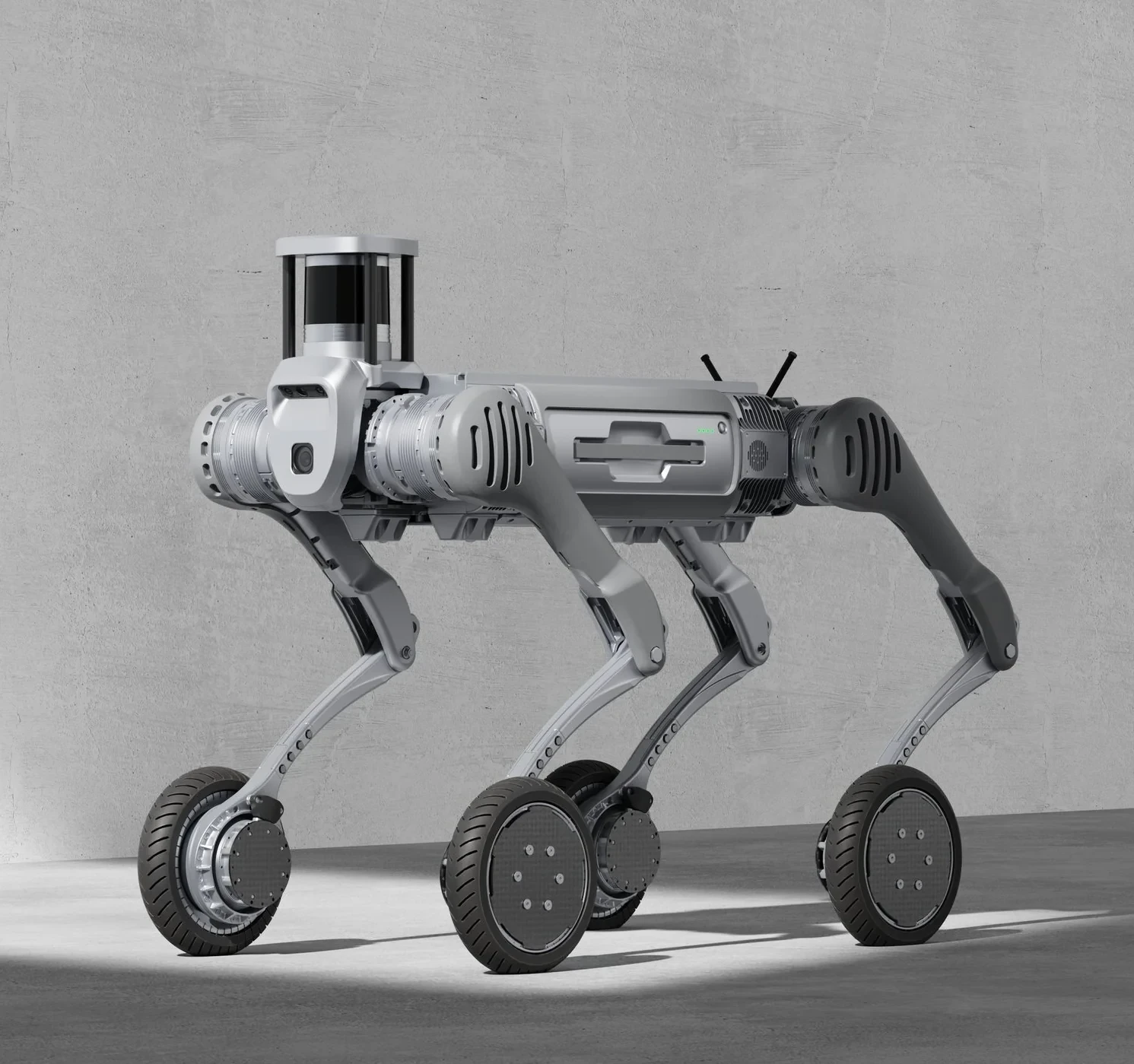 Unitree B2-W Wheel Package Mounting Positions on the Robot Unitree B2-W wheel package mounting positions shown on the B2-W quadruped, with a wheel assembly at the end of each of the four legs