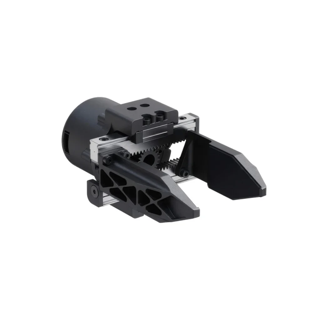 Unitree Dex1-1 Gripper Standard Version Three-Quarter View Unitree Dex1-1 gripper Standard version three-quarter view showing the two jaws, gear drive and empty D405 mounting bracket on a white background