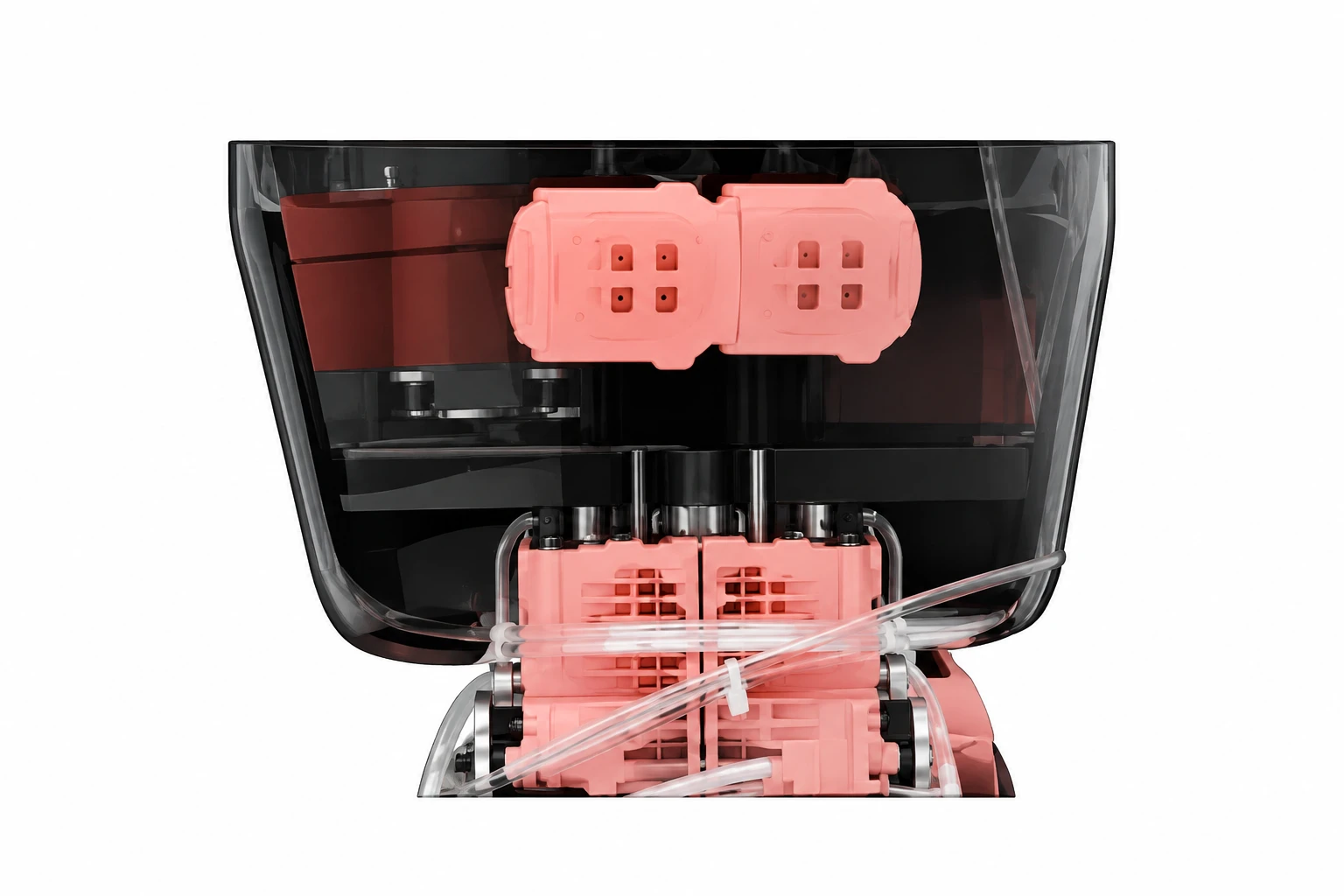 Unitree G1 3-DoF Waist Module Installed Between Torso and Pelvis Unitree G1 3-DoF waist module installed view showing the three-axis joint with pink motor mounts, drive shafts and cable conduits between the robot torso and pelvis on a white background