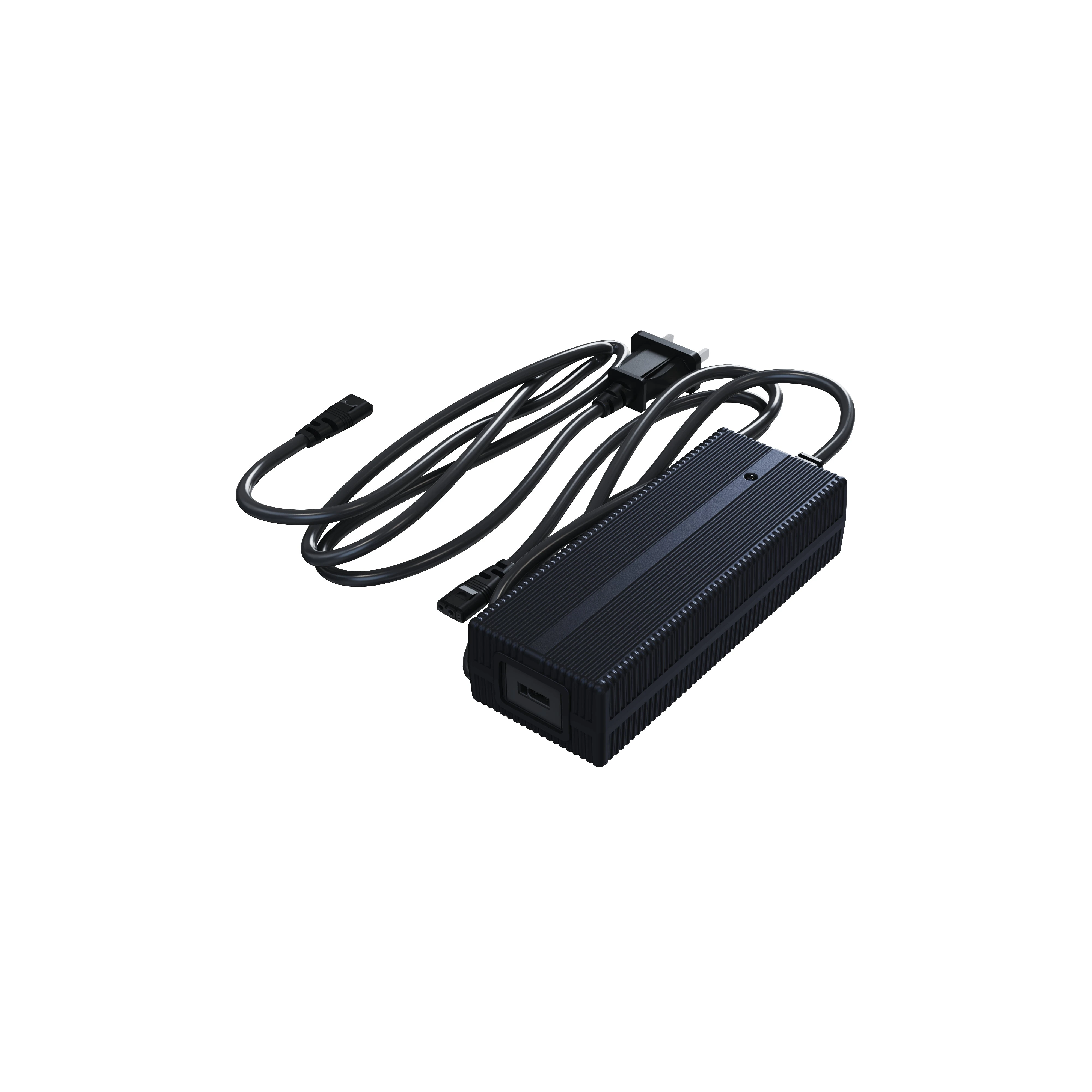 Unitree G1 Battery Charger with Cables Unitree G1 battery charger with coiled AC and DC cables on a white background, showing the black finned power brick and battery connector