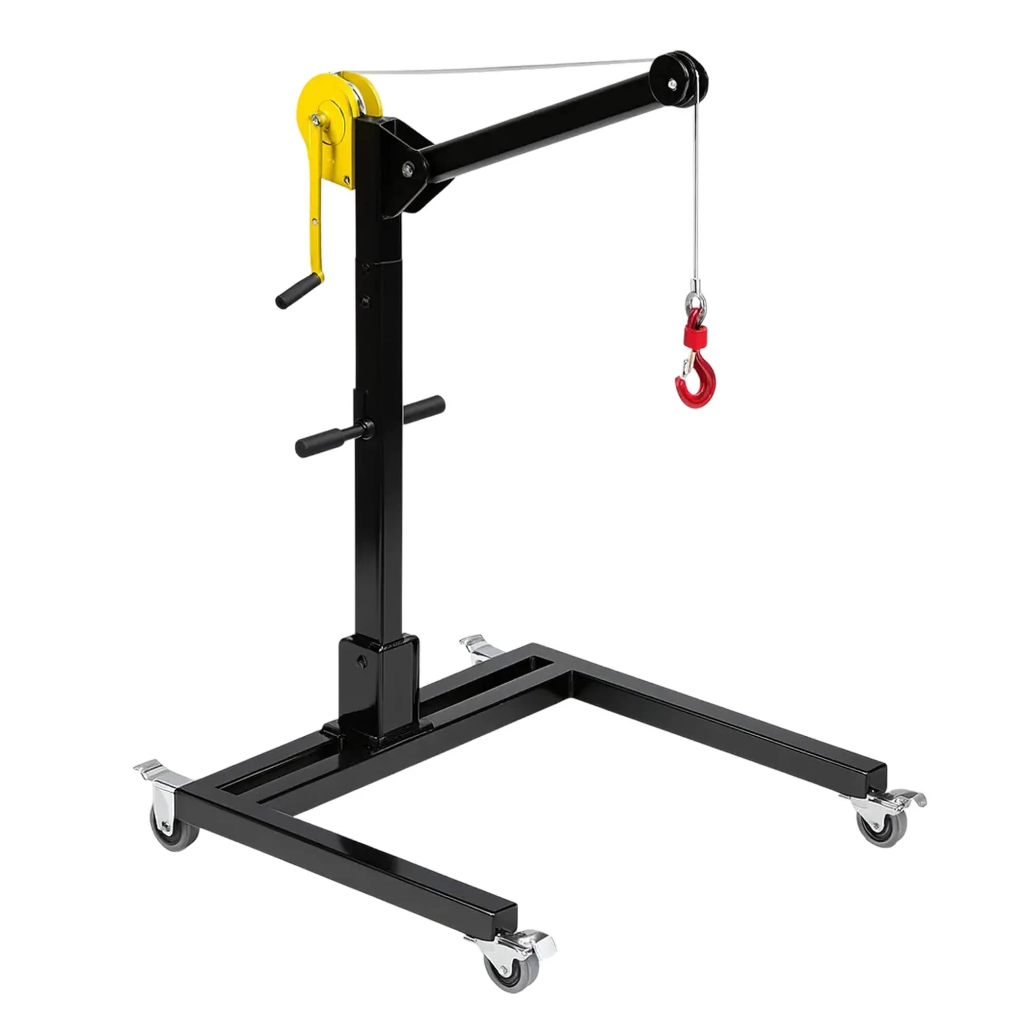 Unitree G1 Gantry Support - Wheeled Overhead Frame with Winch and Hook (White Background) Unitree G1 gantry support: black freestanding frame on casters with vertical mast, overhead boom, yellow hand winch, steel cable and red hook that carries the G1 humanoid during development, shown on a white background