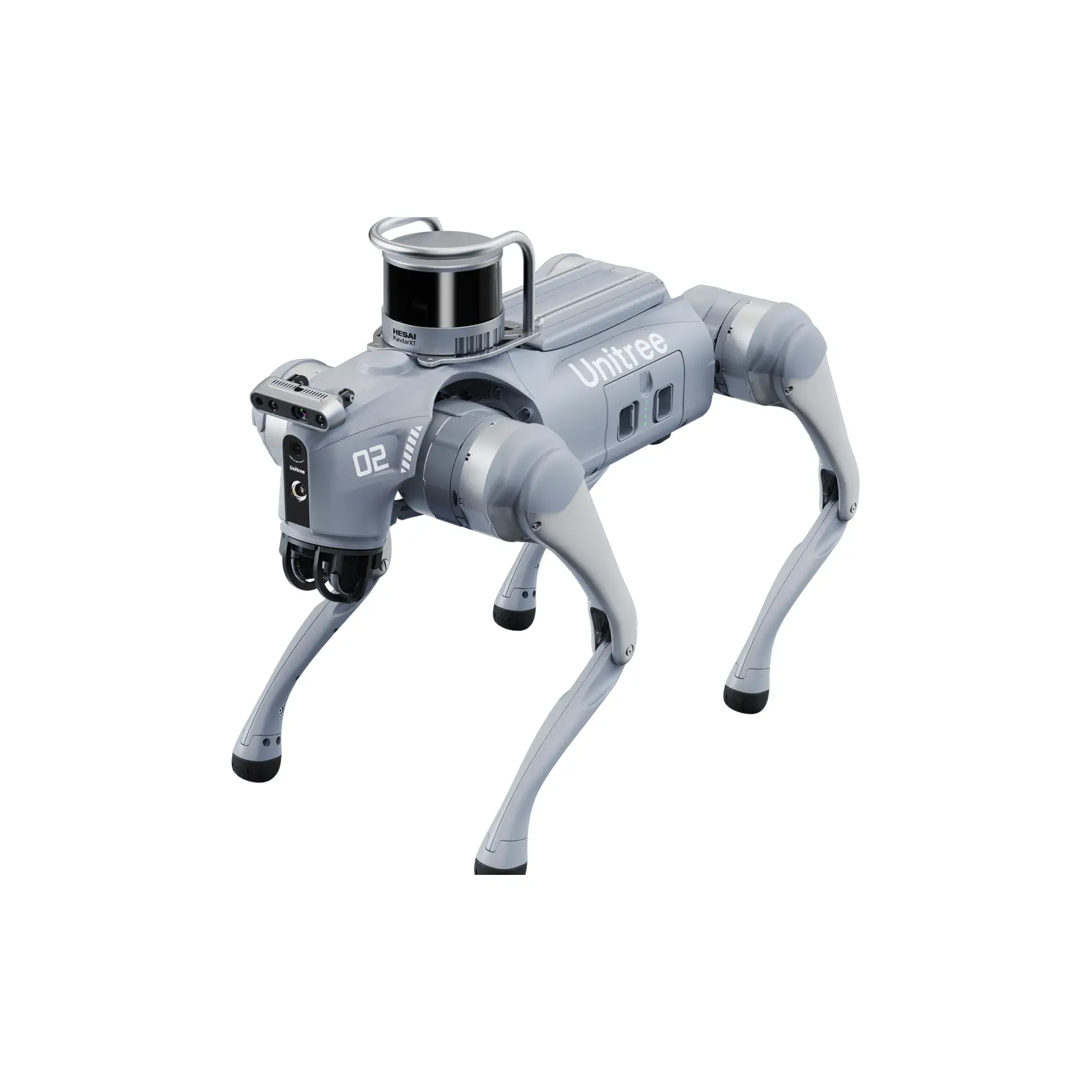 unitree go2 lidar xt16 installed on the back of a Unitree Go2 robot dog, full body view with Hesai PandarXT sensor and protective frame