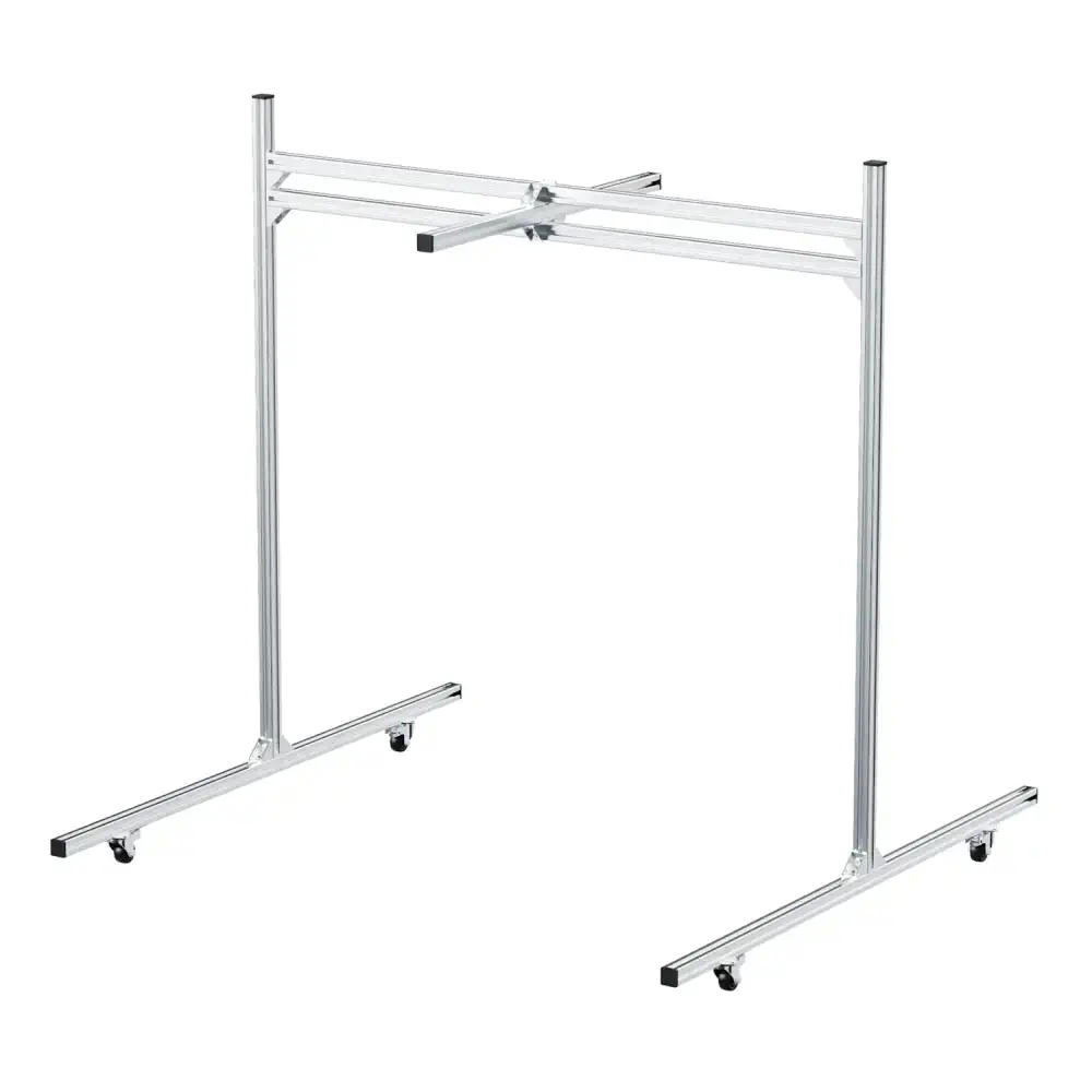 Unitree Go2 protection bracket: silver aluminum gantry-style suspension frame with casters, official accessory for Go2 EDU debugging and reinforcement learning, shown on a white background