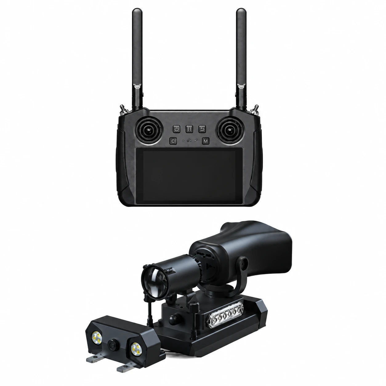 Unitree Go2 Remote Controller 3 in 1 — Screen Remote With Searchlight, Loudspeaker and Warning Light Module Unitree Go2 remote controller 3 in 1 version white background render showing the screen remote with dual antennas above the searchlight, loudspeaker and red-blue warning light module