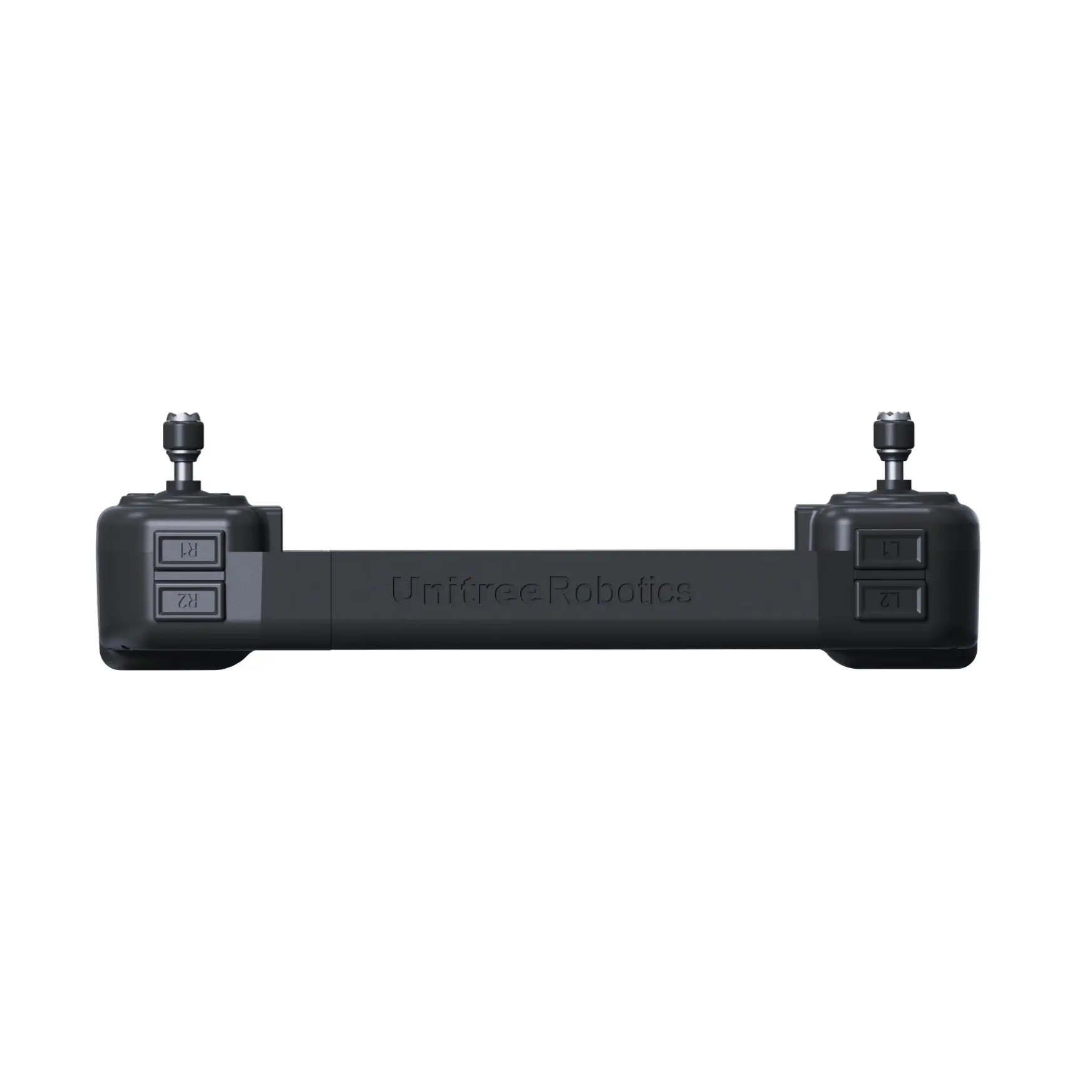 Unitree Go2 remote controller – basic version rear view showing L1/L2/R1/R2 triggers and Unitree Robotics branding Unitree Go2 remote controller basic version rear view showing shoulder triggers L1 L2 R1 R2 and engraved Unitree Robotics logo on a white background