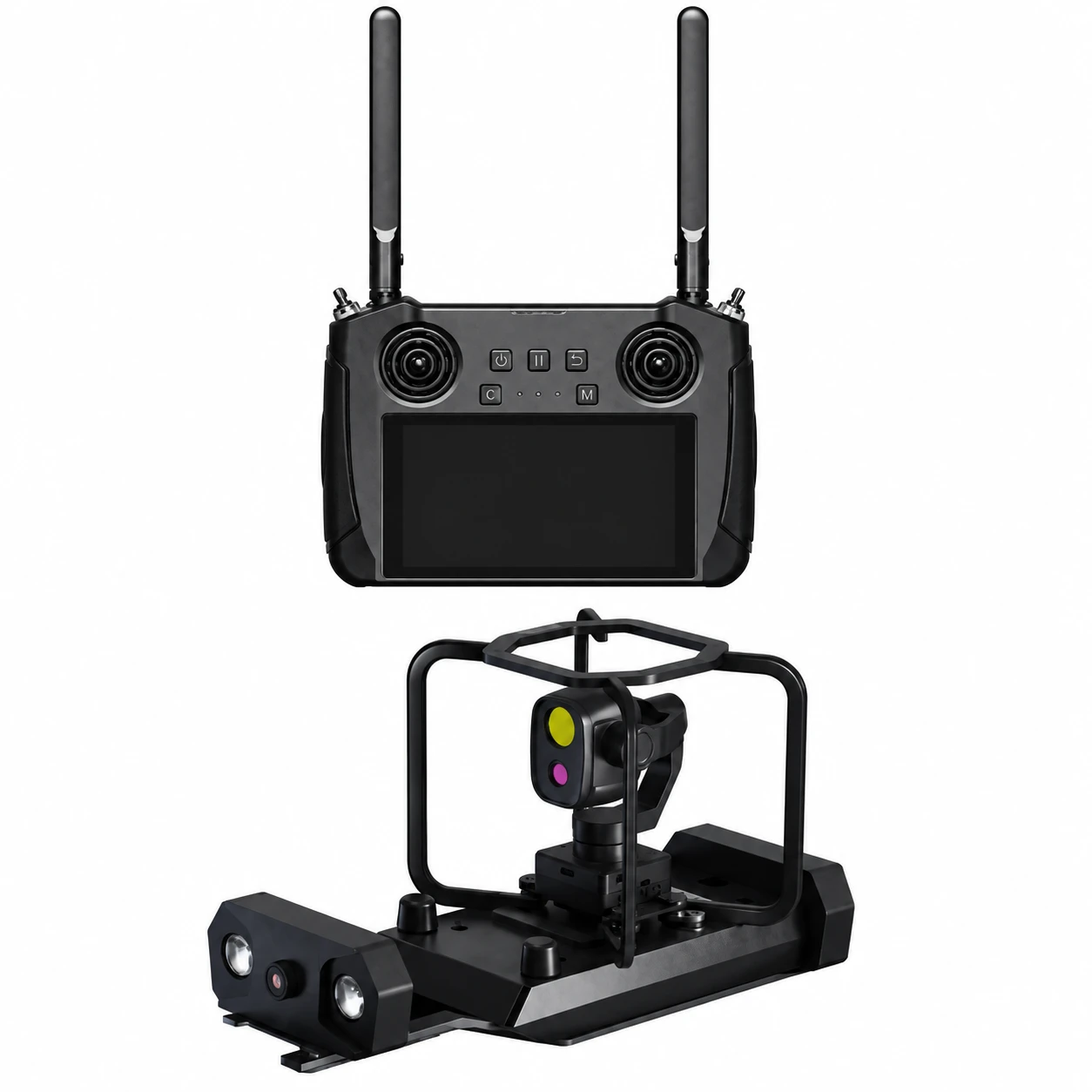 Unitree Go2 Remote Controller Dual Light Gimbal — Screen Remote With 3-Axis Visible and Thermal Gimbal Unitree Go2 remote controller dual light gimbal version white background render showing the screen remote with dual antennas above the 3-axis stabilized visible and thermal camera gimbal head