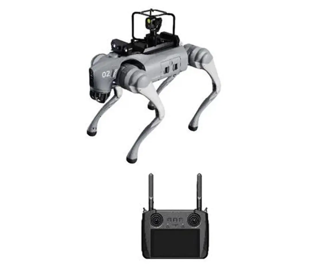 Unitree Go2 remote controller – dual light gimbal version with screen remote and thermal gimbal robot Unitree Go2 remote controller dual light gimbal version showing the Go2 robot with 3-axis thermal and visible light gimbal alongside the dual-antenna screen remote controller