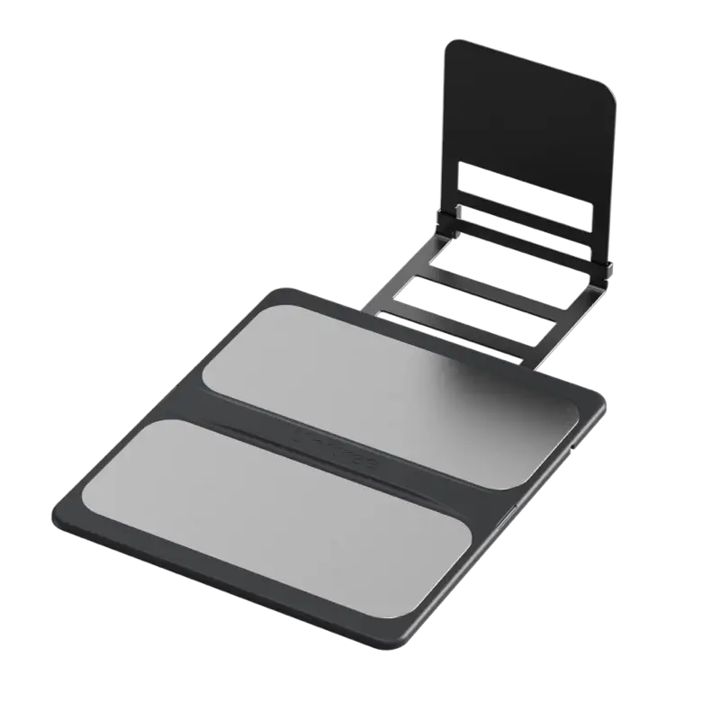 Unitree Go2 self-charging board viewed from behind, showing the two silver charging pads and the rear side of the folding backstop panel