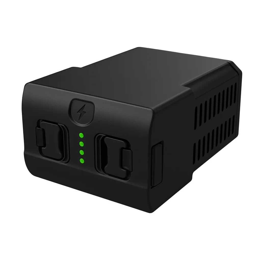 Unitree H1 Battery Three-Quarter View Unitree H1 battery three-quarter view showing the black 432Wh quick-release pack with two release latches, green LED charge indicators and power button on a white background