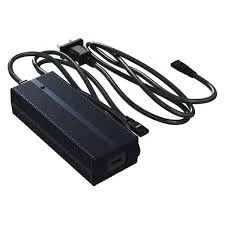 Unitree H1 fast charger three-quarter view with coiled DC output cables and AC cord, showing the black finned casing on a white background