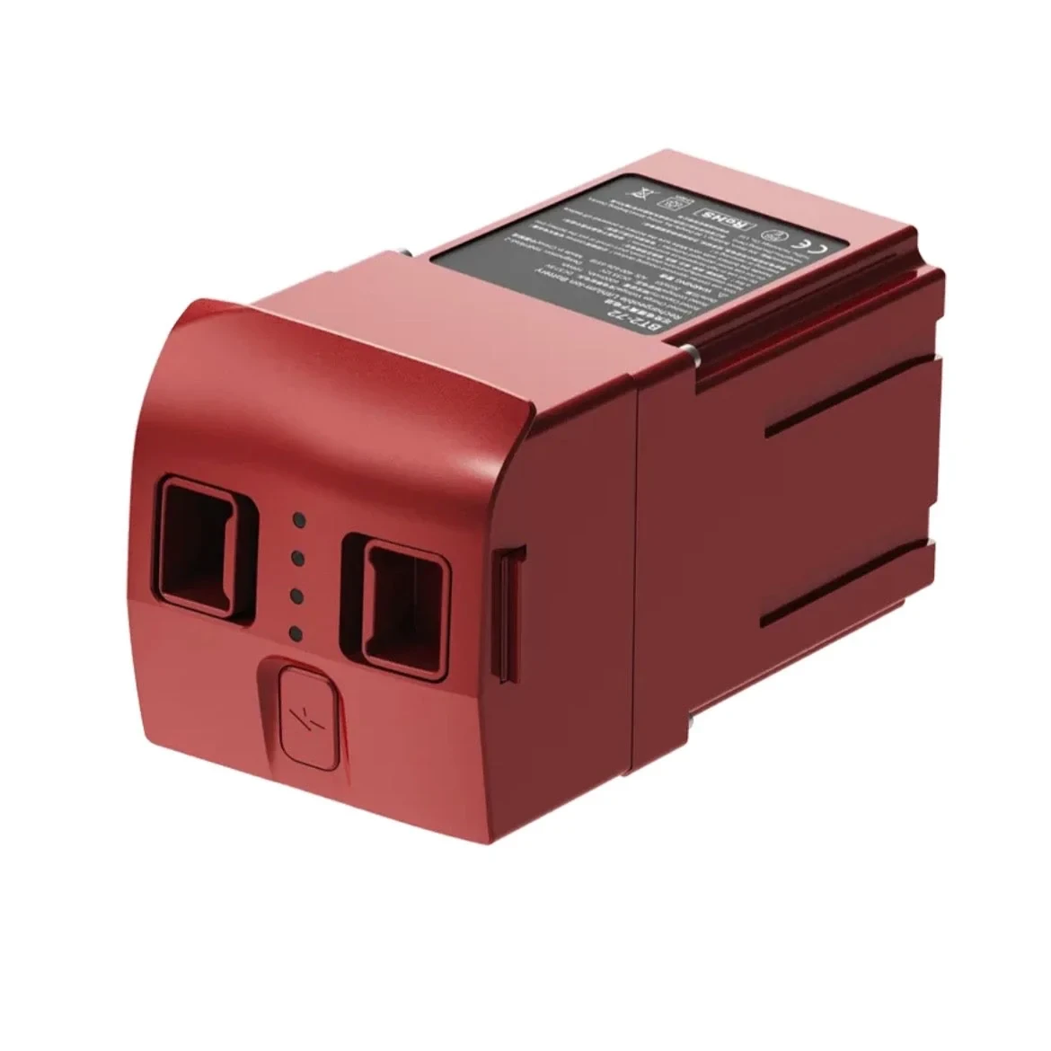 Unitree R1 Battery Red Side Angle View Unitree R1 battery in red, side angle view showing the casing ribs, release latches and LED charge indicators on a white background